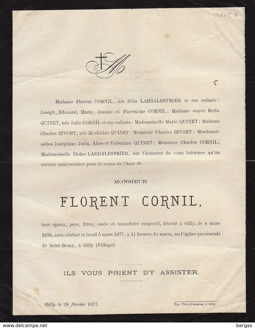 Florent Cornil Gilly 1877 Famille L'arbalestrier Quinet Arbre Généalogique Manuscrit Au Dos - Overlijden