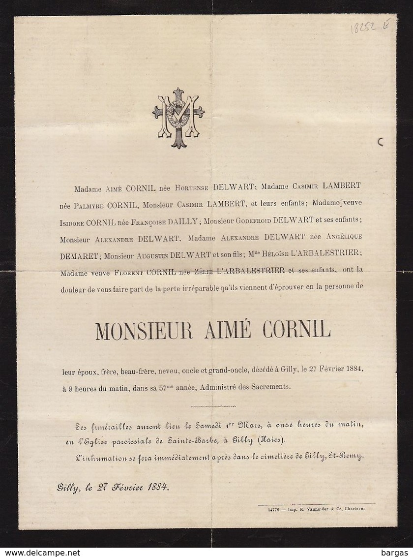 Aimé Cornil Gilly 1884 Famille Delwart Lambert Dailly L'arbalestrier Arbre Généalogique Manuscrit Au Dos - Obituary Notices