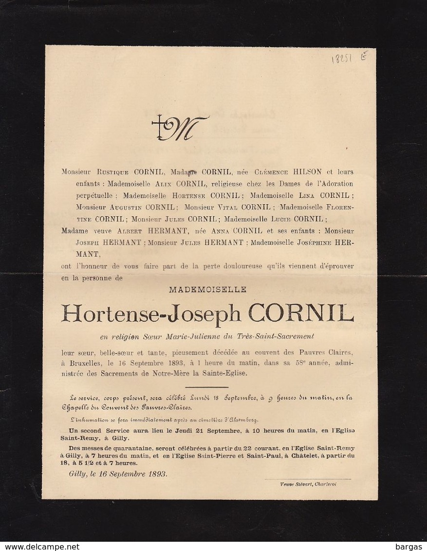 Hortense Cornil Gilly 1893 Famille Hilson Hermant  Arbre Généalogique Manuscrit Au Dos - Obituary Notices