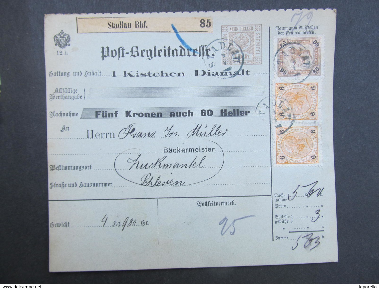POSTBEGLEITADRESSE Stadlau - Zuckmantel 1902 Paketschein /// D*29700 - Briefe U. Dokumente