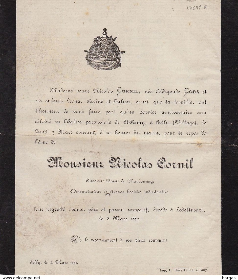 Nicolas Cornil Directeur Charbonnage Lodelinsart 1880 Famille Cors Arbre Généalogique Au Dos - Obituary Notices