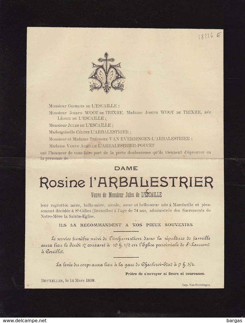 Rosine L'arbalestrier L'escaille 1898 Famille Woot De Trixhe Everdingen Arbre Généalogique Manuscrit Au Dos - Obituary Notices