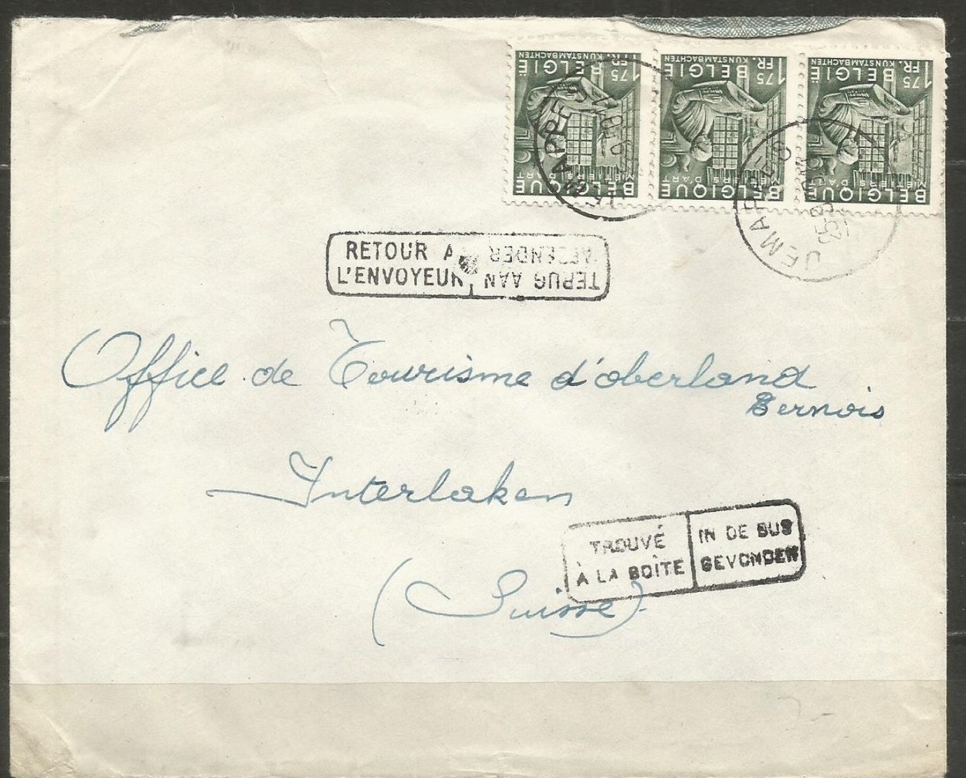 1948 - COB N° 768 (bande De 3) Oblitérés (o) Sur Lettre - TROUVE A LA BOITE  Et  RETOUR A L'ENVOYEUR - JEMAPPES - Lettres & Documents