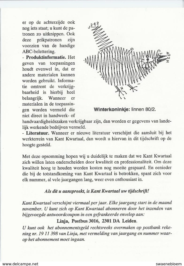 NL.- Reclame Folder Voor Het Tijdschrift - Kant Kwartaal - Kantklospatronen. Winterkoninkje. - Reclame