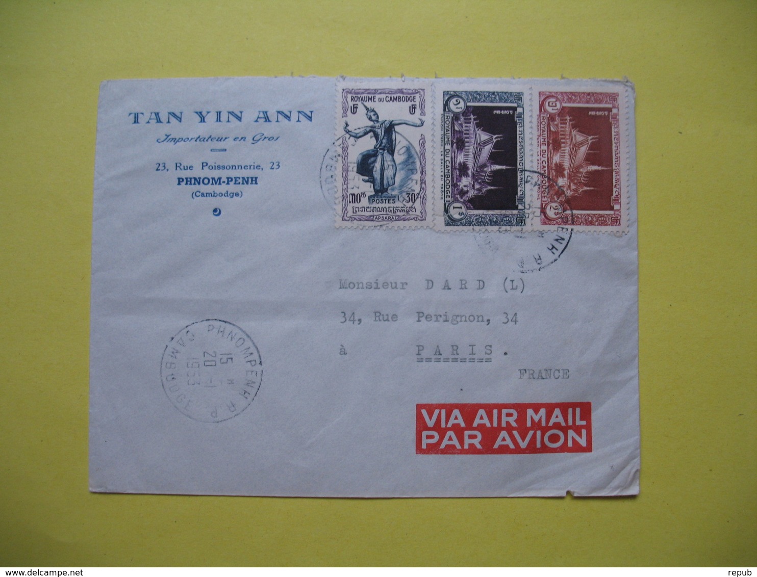 Lettre Année  1953  Pour La France Oblitération  Phnom-Penh  RP - Cambodge