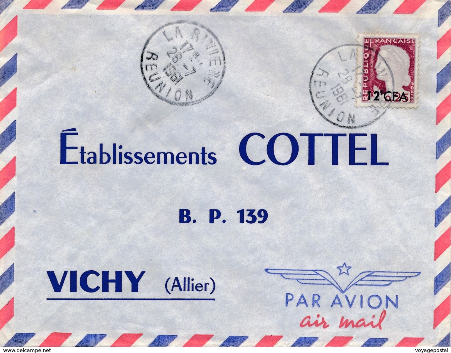 Lettre Reunion La Riviere Surcharge 12F CFA - Storia Postale