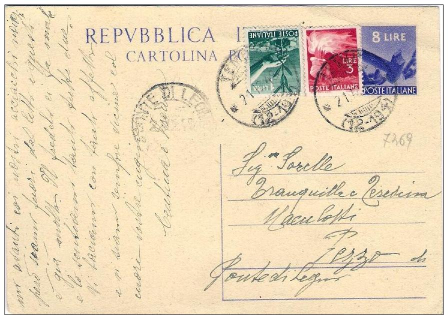 1948-cartolina Postale L.8 Martello Con Affrancatura Aggiunta Democratica L.1+L.3,annullo Frazionario Temù Brescia - Interi Postali