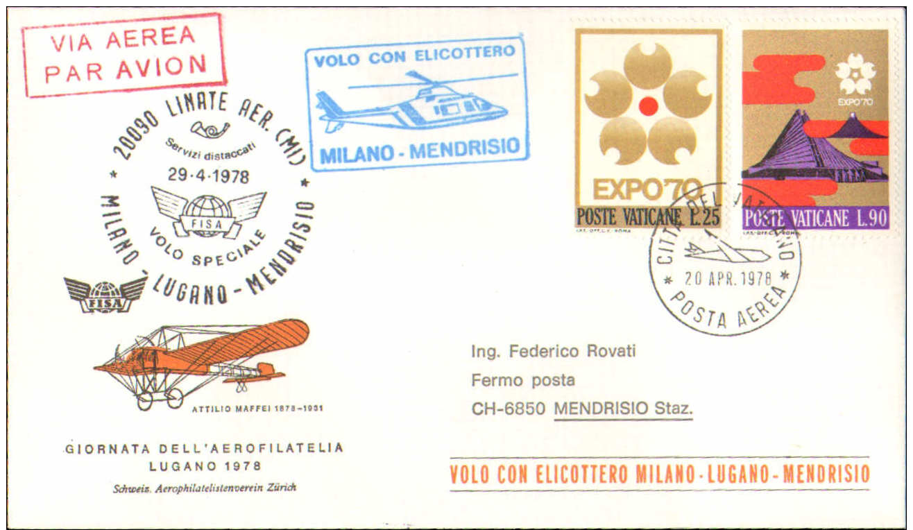 1978-Vaticano Aerogramma Giornata Dell'aerofilatelia Lugano,volo Speciale Con Elicottero Milano Lugano Mendrisio - Posta Aerea