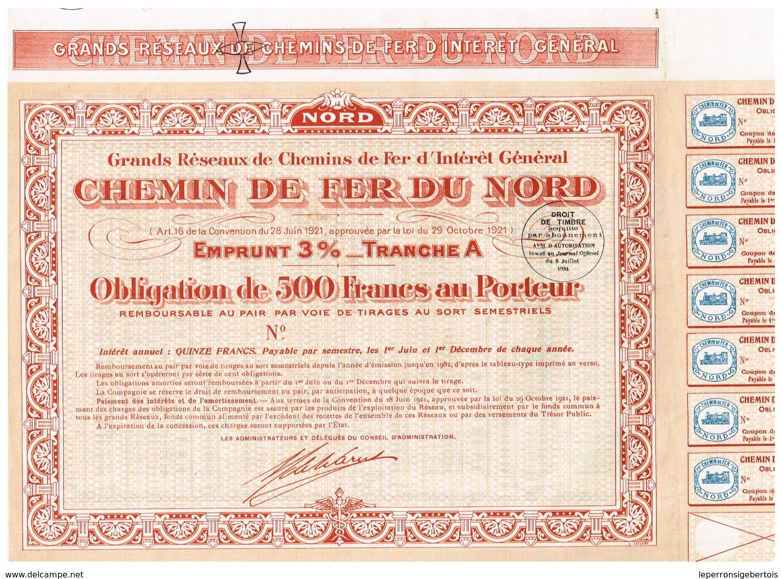 Obligation Uncirculed -Grands Réseaux De Chemins De Fer Et D'Intérêt Général - Chemin De Fer Du Nord - Titre De 1935 - Industrie