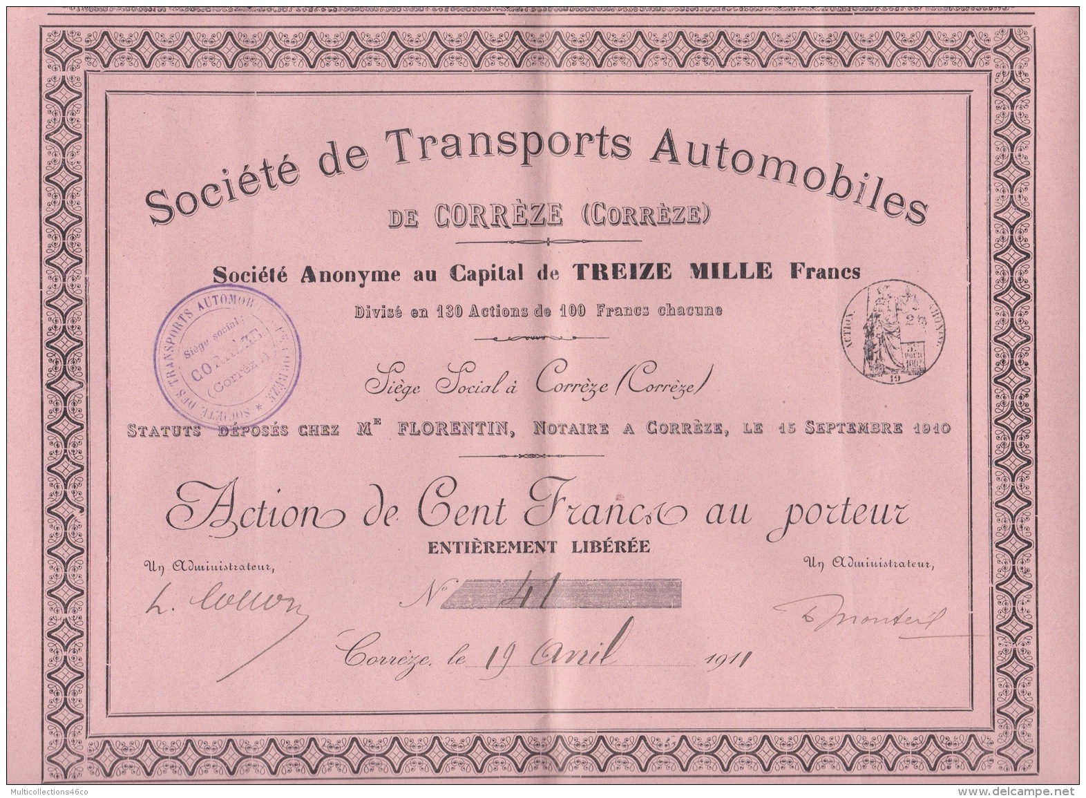 310118 ACTION Société De Transports Automobiles De CORREZE 19 Avril 1911 Cent Francs Au Porteur - Automobil