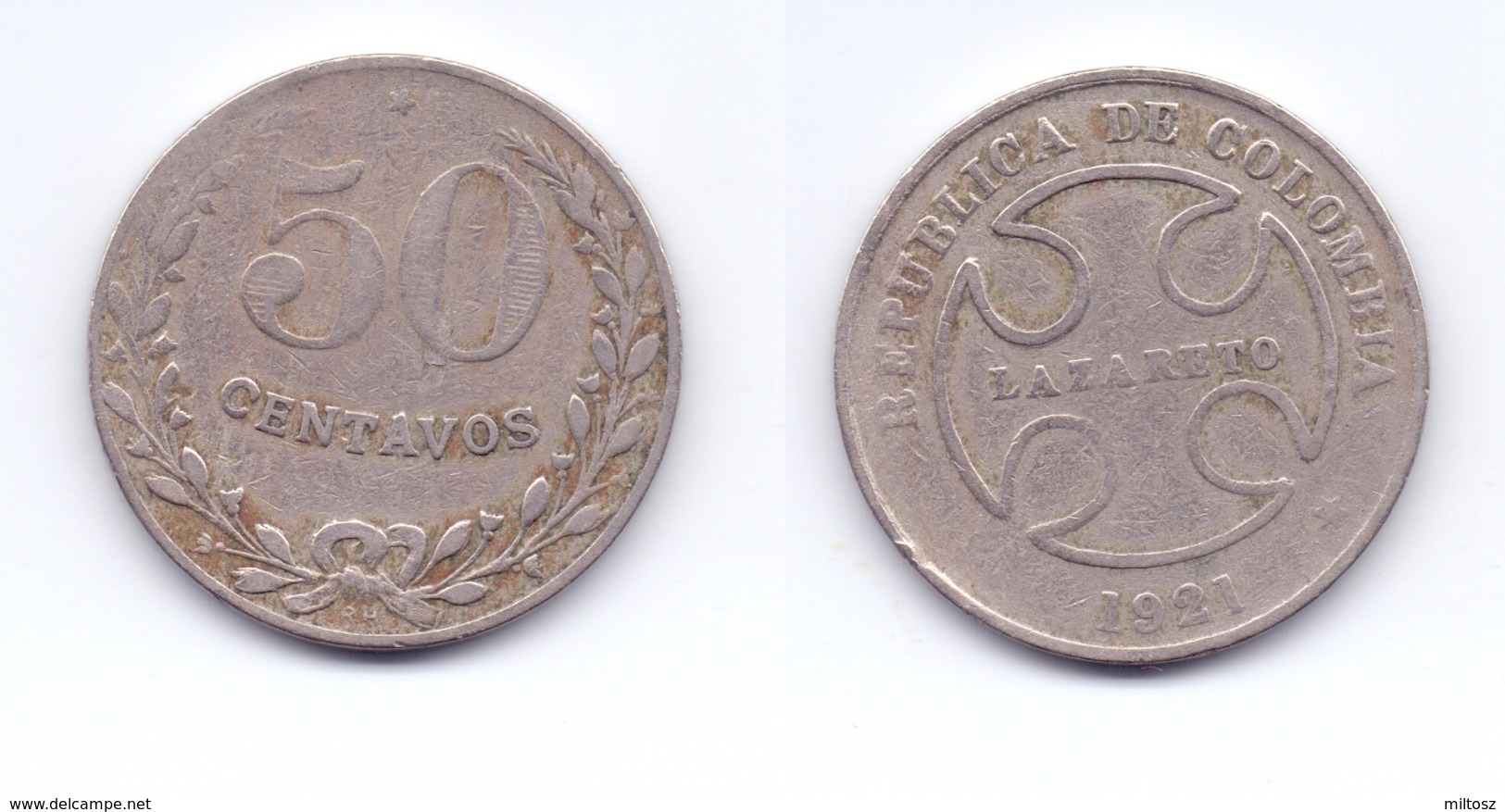 Colombia 50 Centavos 1921 RH Leprosarium Coinage - Colombia