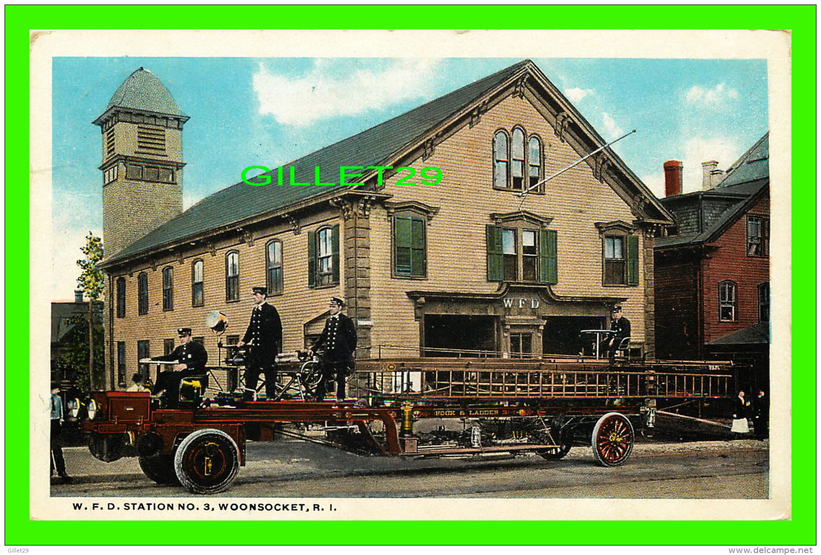 WOONSOCKET, RI - FIRE TRUCK HOOK & LADDER AT W. F. D. STATION No 3 - ANIMATED - TRAVEL - C. T. AMERICAN ART - - Woonsocket