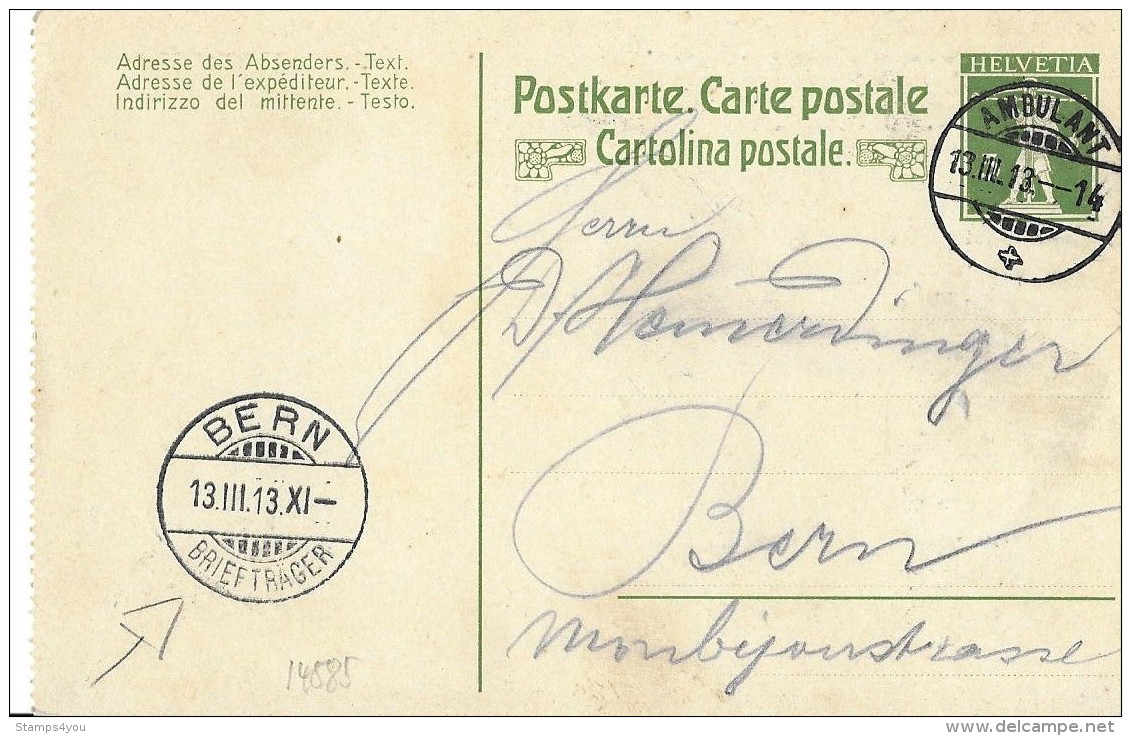 39 - 38 - Entier Postal Avec Superbes Cachets à Date Ambulant Et Bern 1913 - Interi Postali
