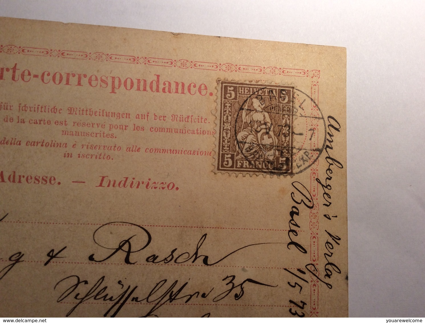 BASEL 1873 Ganzsache 5 Rp Postkarte + Sitzende Helvetia  > COLMAR, ALSACE LORRAINE (Schweiz Suisse Lettre Brief - Covers & Documents