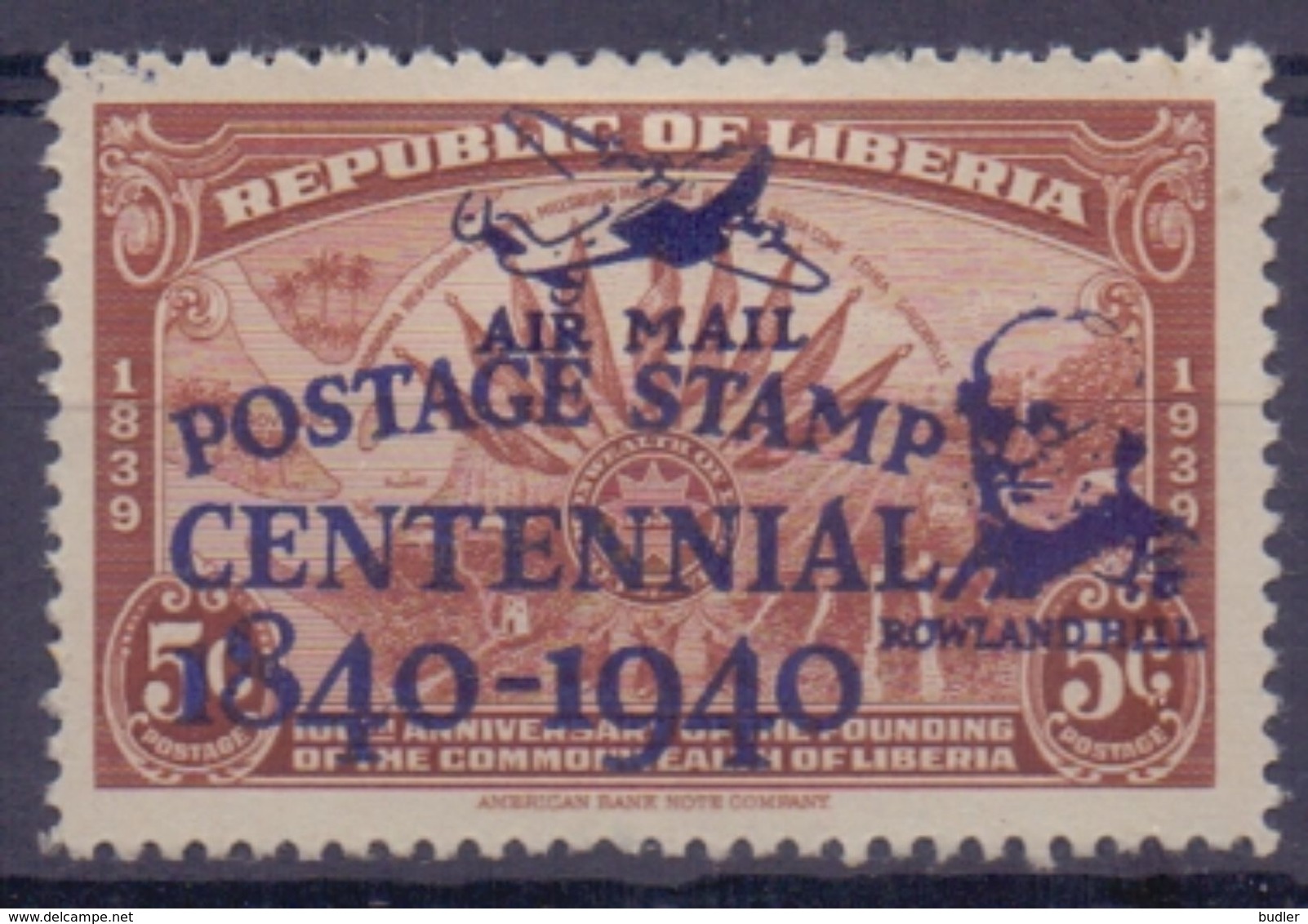 Rep.of LIBERIA:1941:Y.PA19B (=253B Overprinted) Dentelled/avec Légère Trace De Charnière/lightly Hinged:## Centenary ... - Liberia