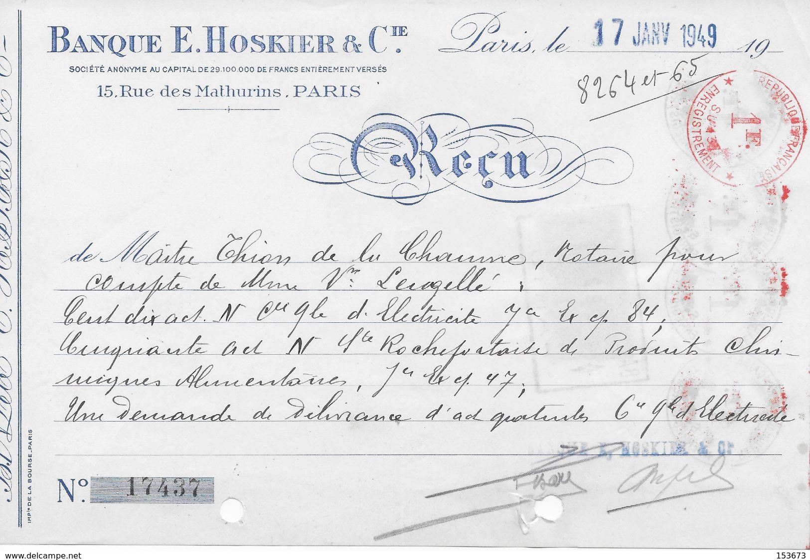 Reçu Banque HOSKIER Paris 1949 Avec Fiscal Surcharge 50 C Sur 55 C  Et Complément Mécanique 5 Fois 1 Franc - Autres & Non Classés