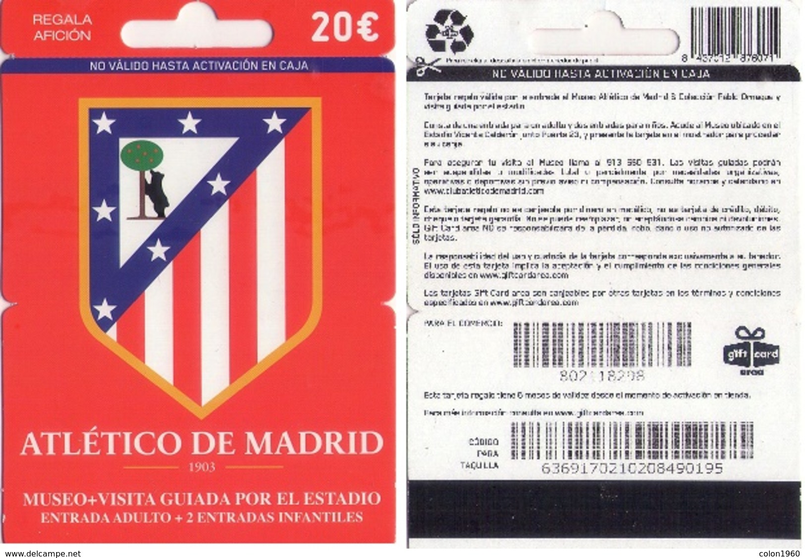 TARJETA REGALO DE ESPAÑA, GIFT CARD. FUTBOL, ATLETICO DE MADRID. 051. - Tarjetas De Regalo