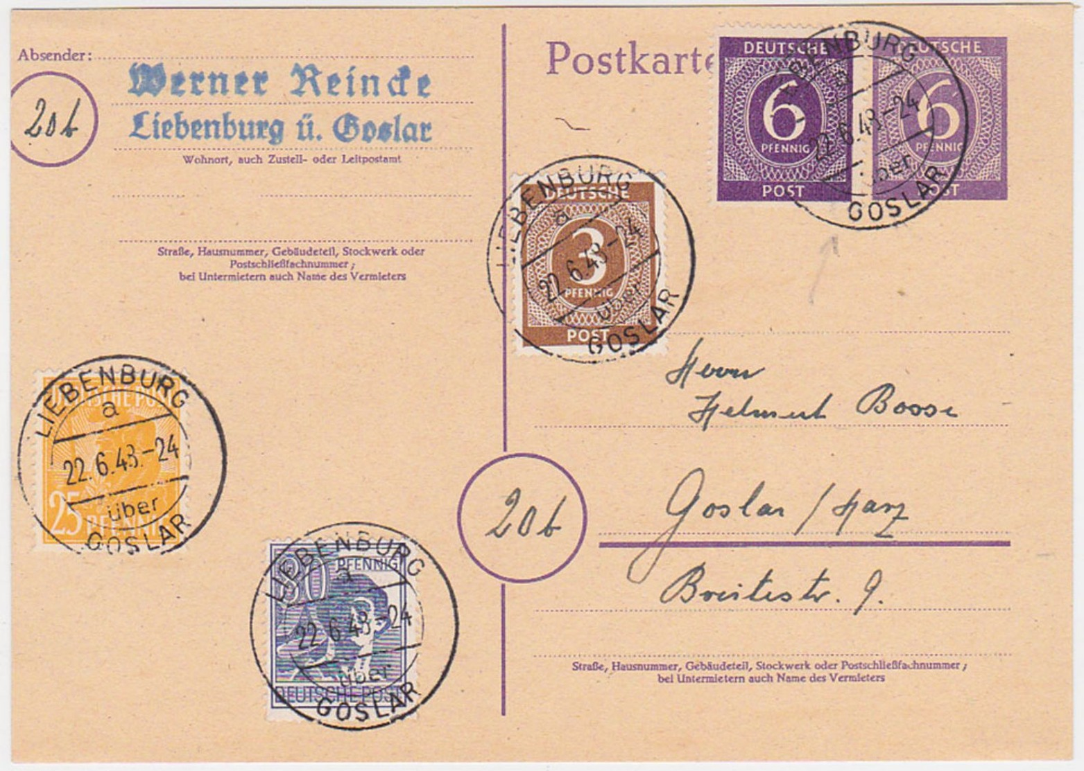 GERMANY 1948 (22.6.) P.ST.CARD P 95, LIBENBURG TO GOSLAR UPRAT.10 X CURRENCY UPRATING (correct) - Autres & Non Classés