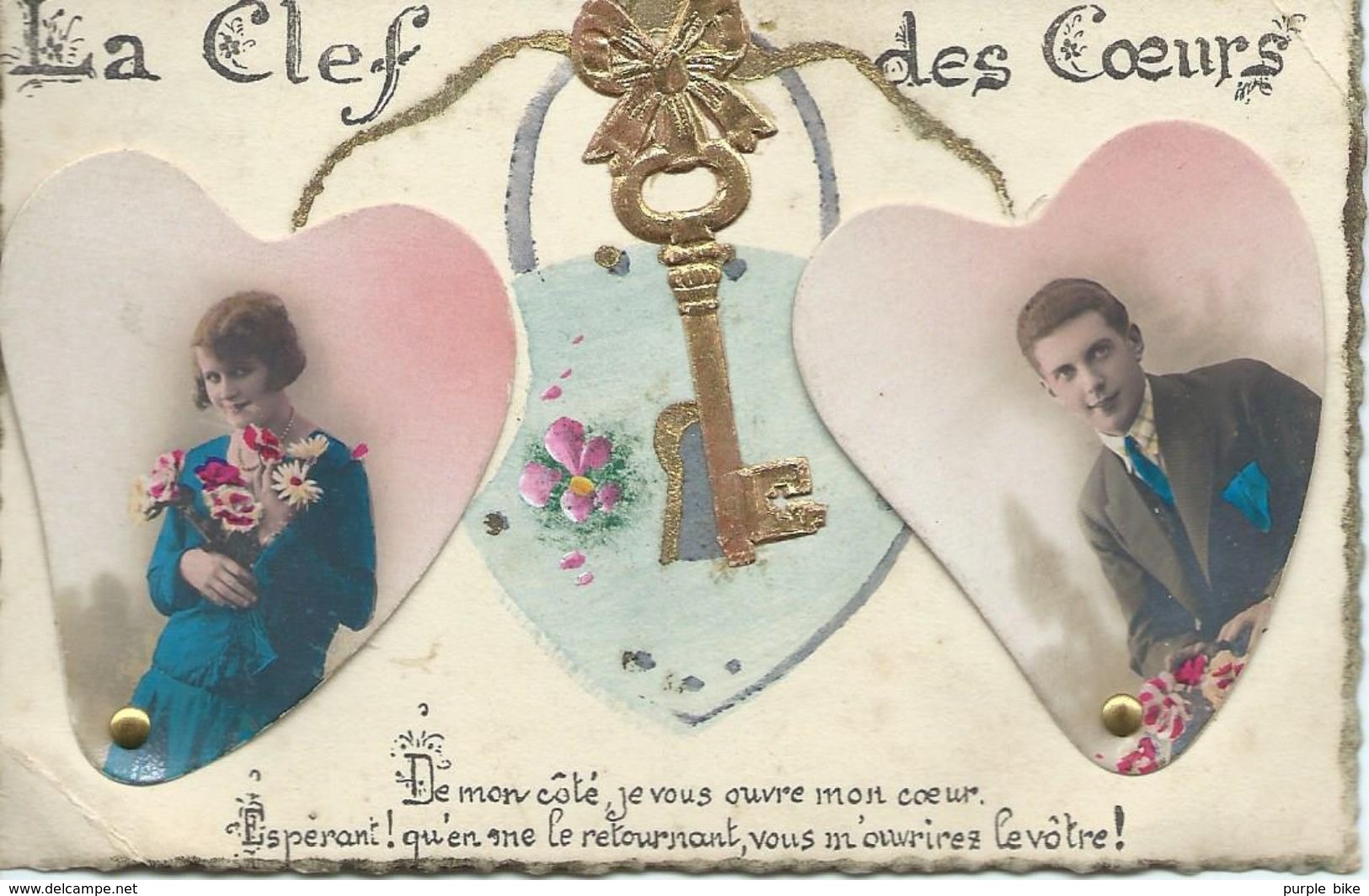 Fantaisie Carte à Système Cachant Des Messages D'amour  Couple Coeurs Et Dorures  Clé Chaine Clef - Coppie