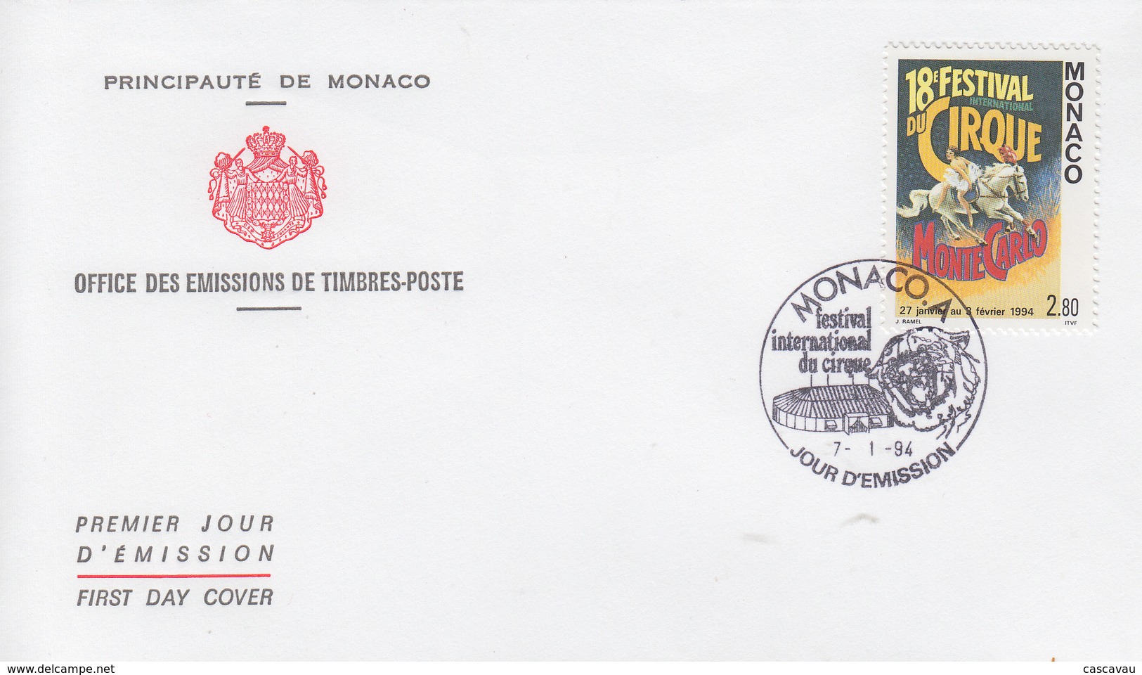 Enveloppe  FDC  1er  Jour   MONACO   18éme   FESTIVAL  INTERNATIONAL  Du  CIRQUE    1994 - Circo