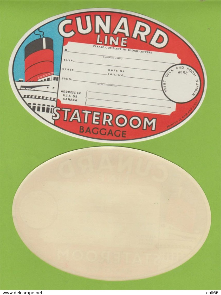 Publicité 1950-1955 Cunard Line étiquette à Bagage Stateroom Baggage Ship Navire 17.5x12 Cm Mint - Transports