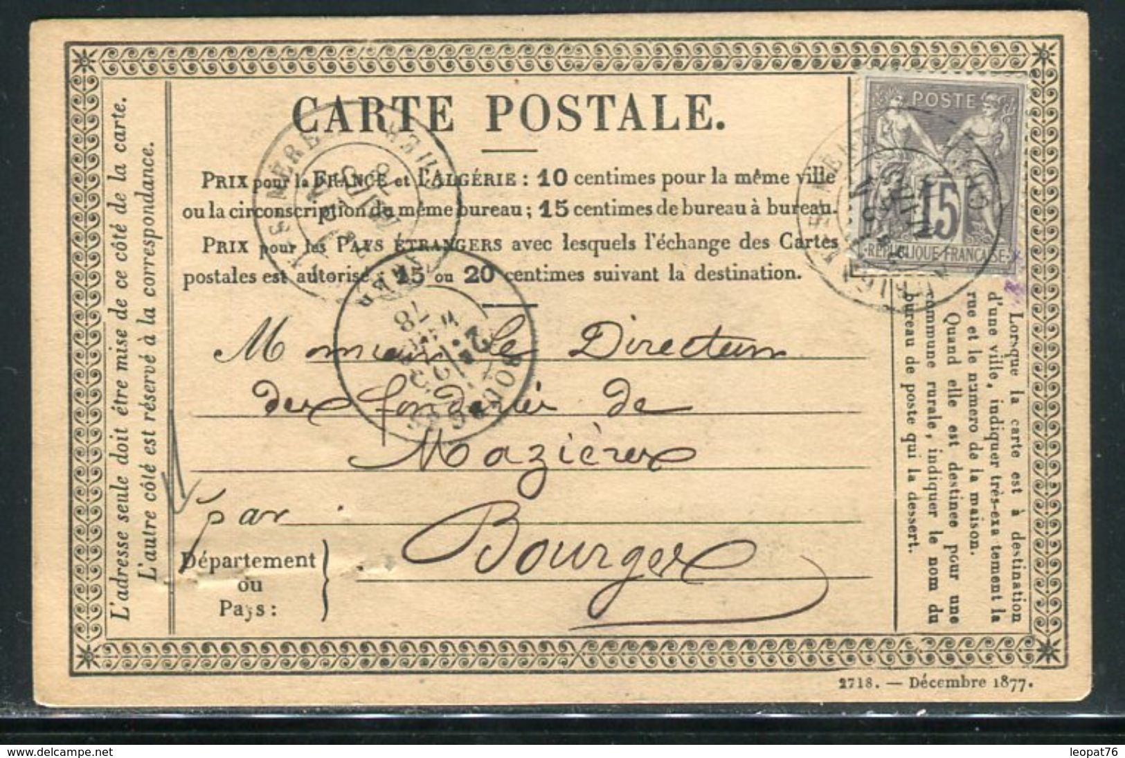 Carte Précurseur De Aubigny Pour Bourges En 1878 , Affr. Sage , ( Trous D 'archive) - Ref F4 - Precursor Cards