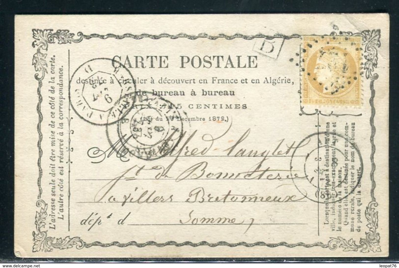 Carte Précurseur De Apt Pour Villers Bretonneux En 1873 , Affranchissement Cérès  - Ref F14 - Cartes Précurseurs