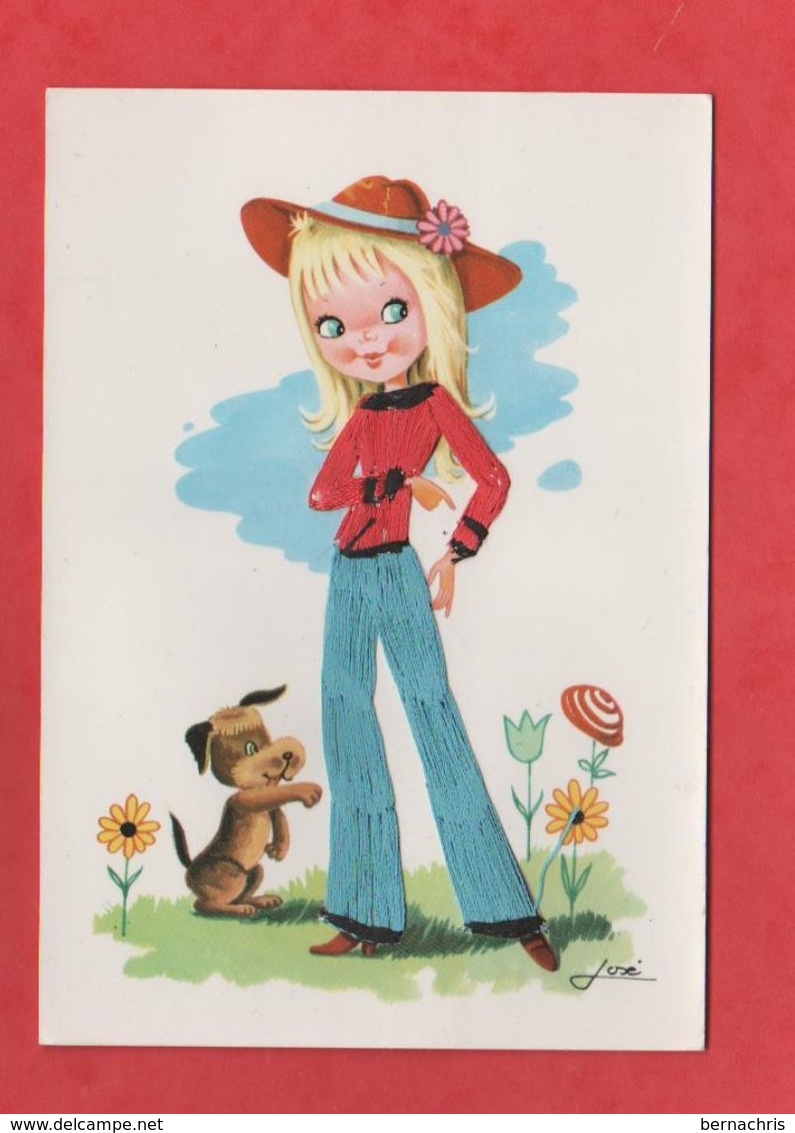 CARTE BRODEE  Fille Avec Un Chien - Brodées