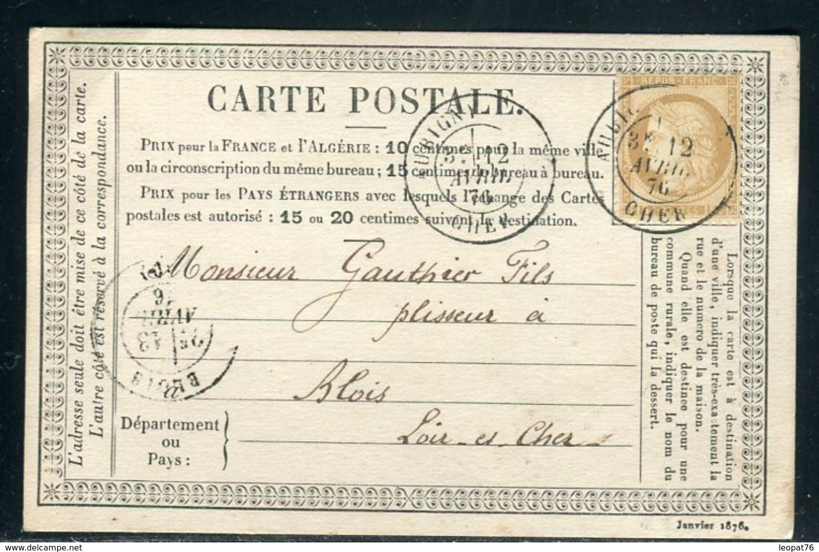 Carte Précurseur De Aubigny Pour Blois En 1876 , Affranchissement Cérès  - Ref F18 - Voorloper Kaarten