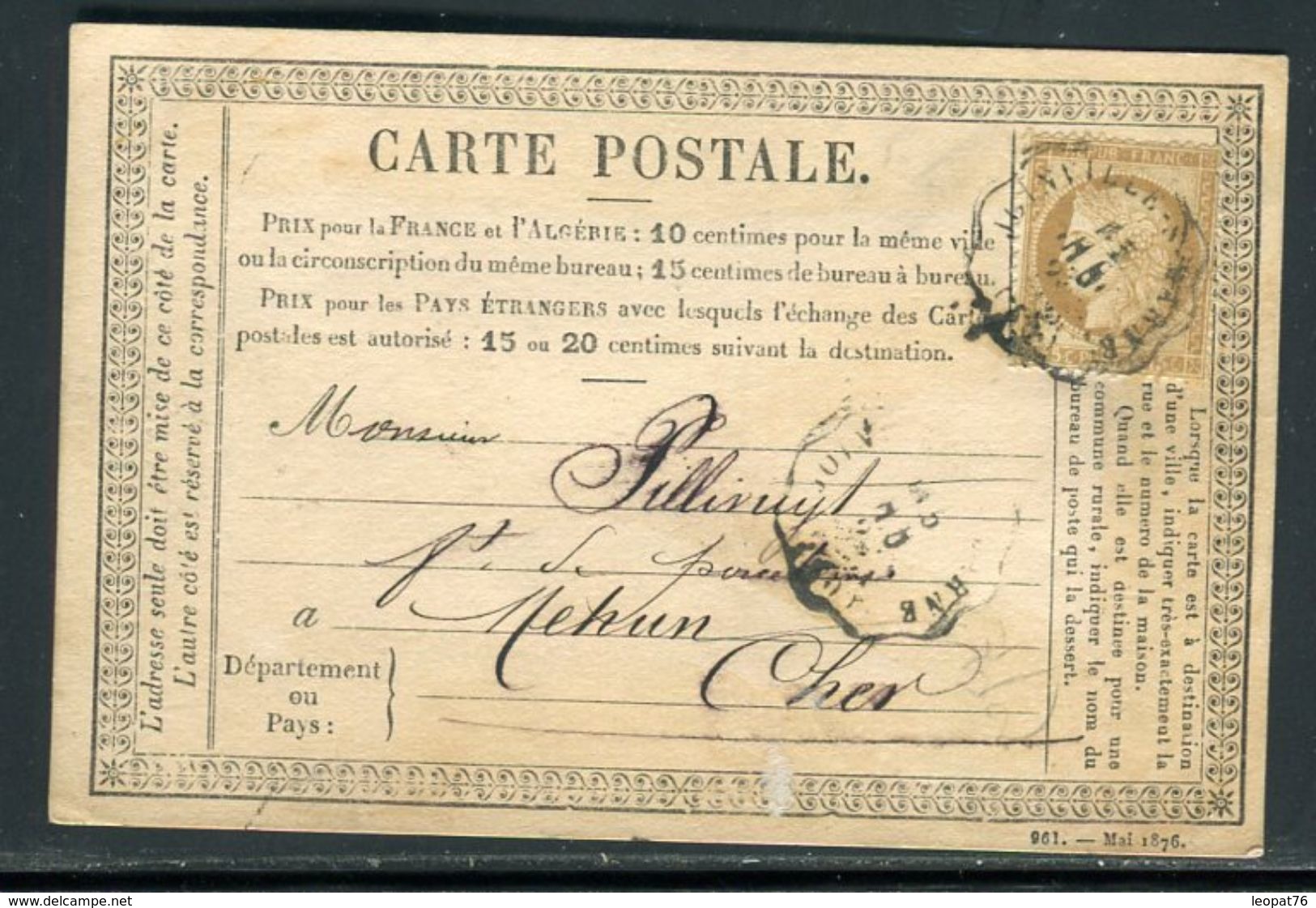 Carte Précurseur De Joinville Pour Mehun En 1876 , Affranchissement Cérès - Ref F30 - Precursor Cards