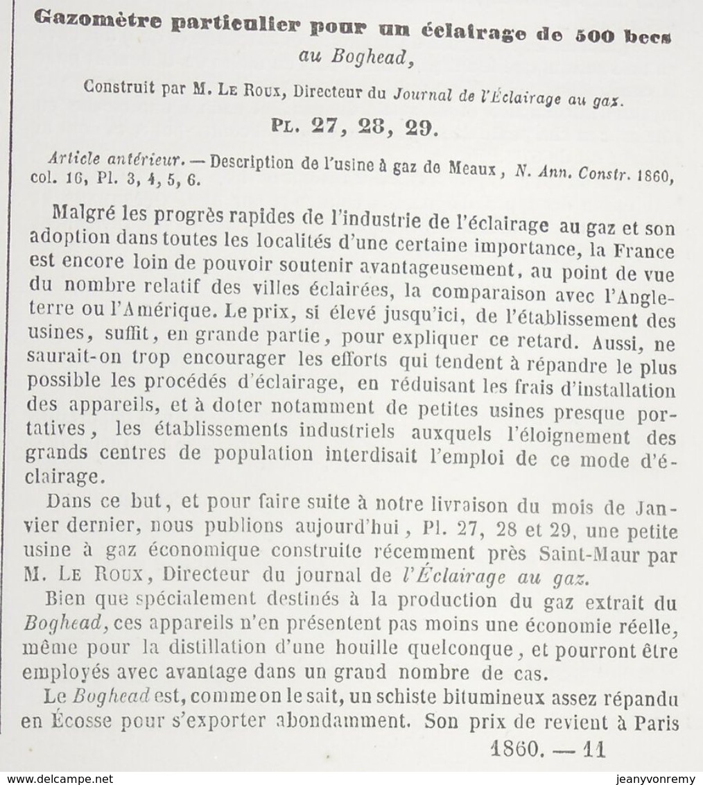 Plan De Gazomètre Particulier Pour Un éclairage De 500 Becs Au Boghead. 1860 - Arbeitsbeschaffung