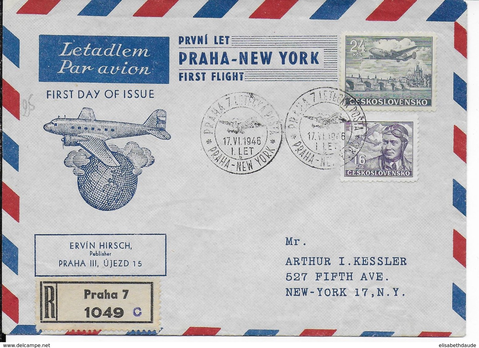 1946 - TCHECOSLOVAQUIE - ENVELOPPE  RECOMMANDEE 1° VOL PRAGUE à NEW YORK (USA) - Lettres & Documents