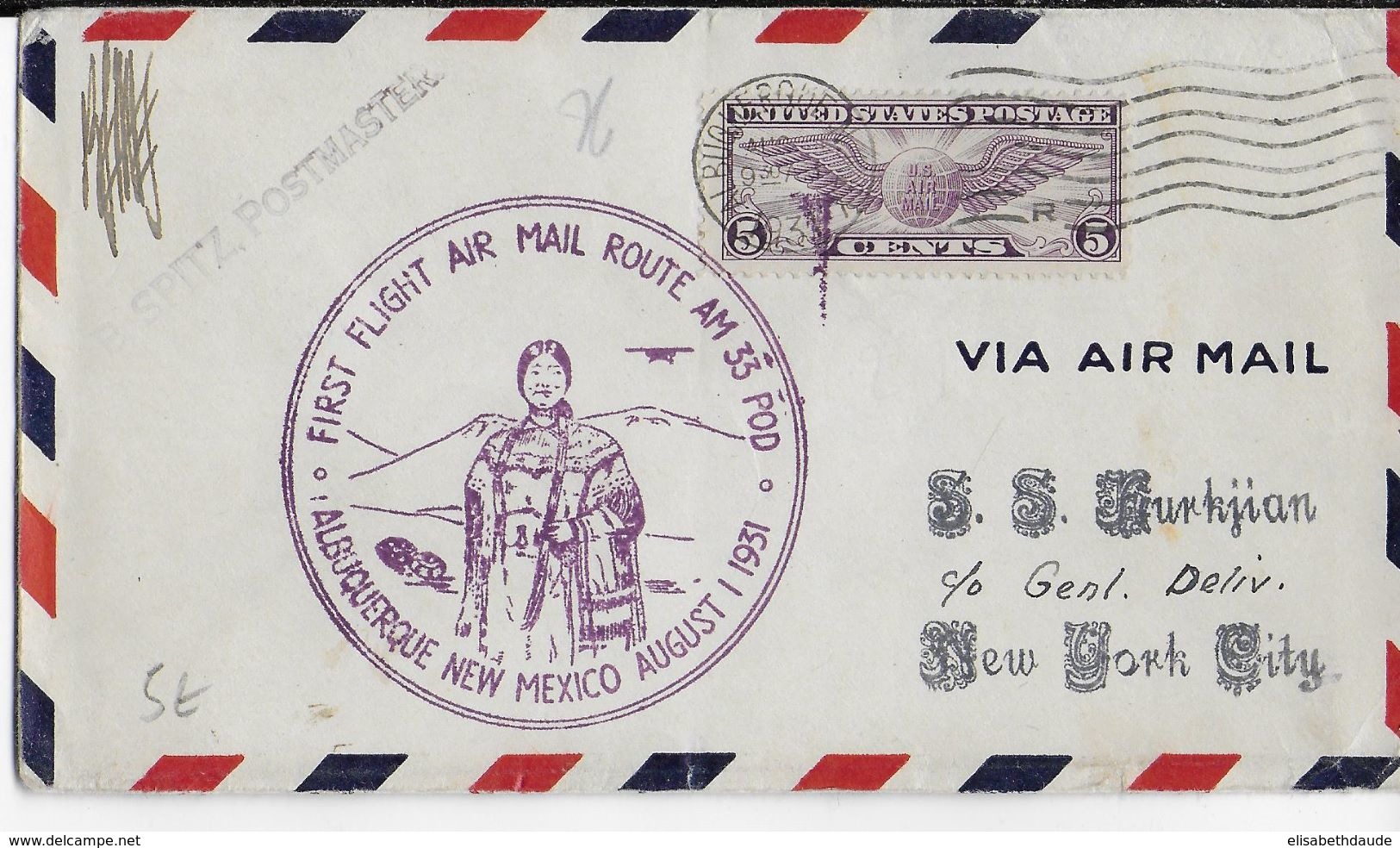 1931 - USA - ENVELOPPE FIRST FLIGHT De ALBUQUERQUE => NEW MEXICO - INDIENNE - 1c. 1918-1940 Covers