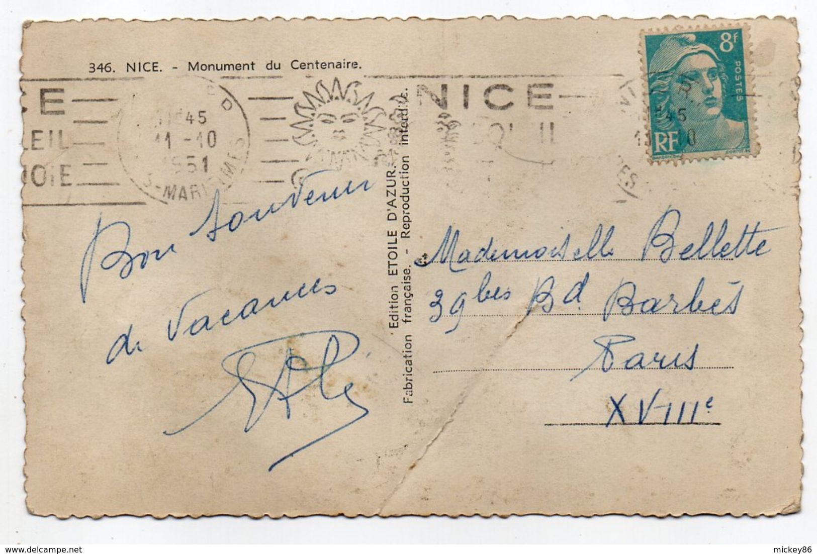 NICE--1951--Monument Du Centenaire (animée)-timbre -cachet Mécanique - Monumenten, Gebouwen