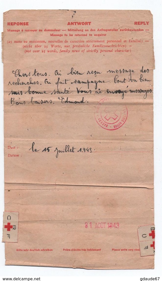 1943 - DOCUMENT CROIX ROUGE Avec EMA - WW II