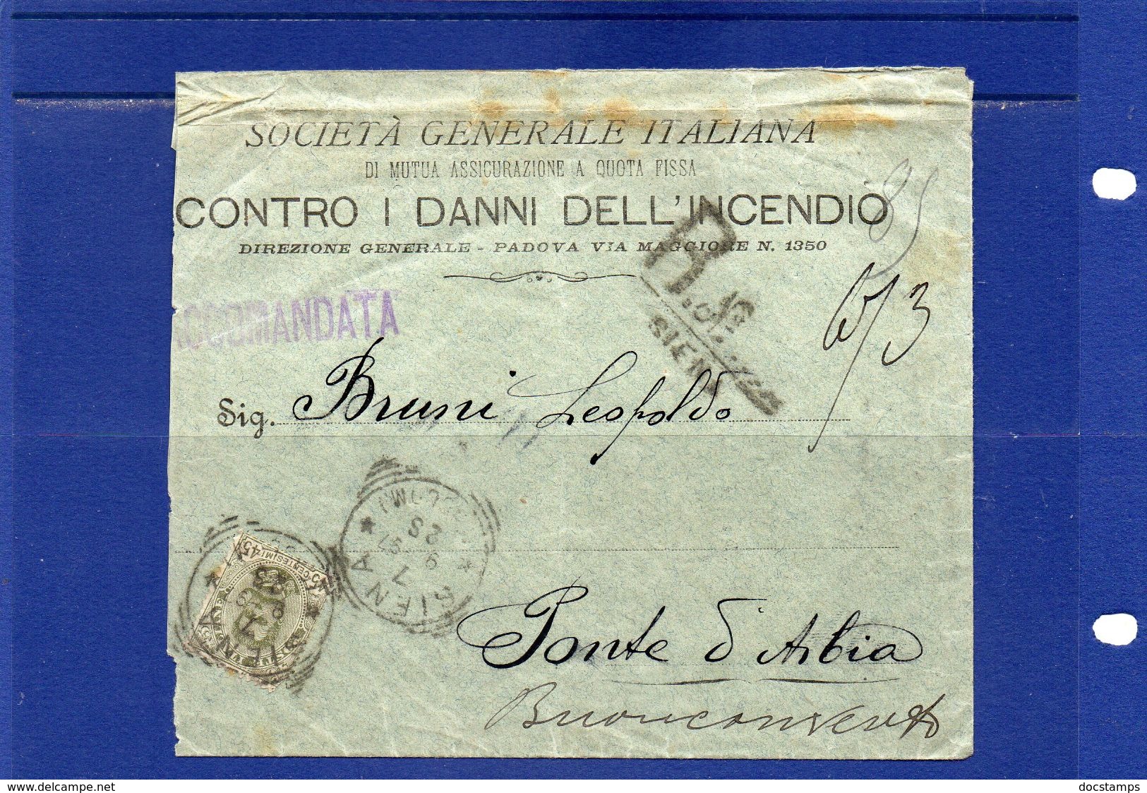 ##(ANT182)- 7-9-1897-Siena- Busta Raccomandata Con Cent.45 Umberto Ann. Tondo Riquadrato Per Buonconvento(Siena) - Storia Postale