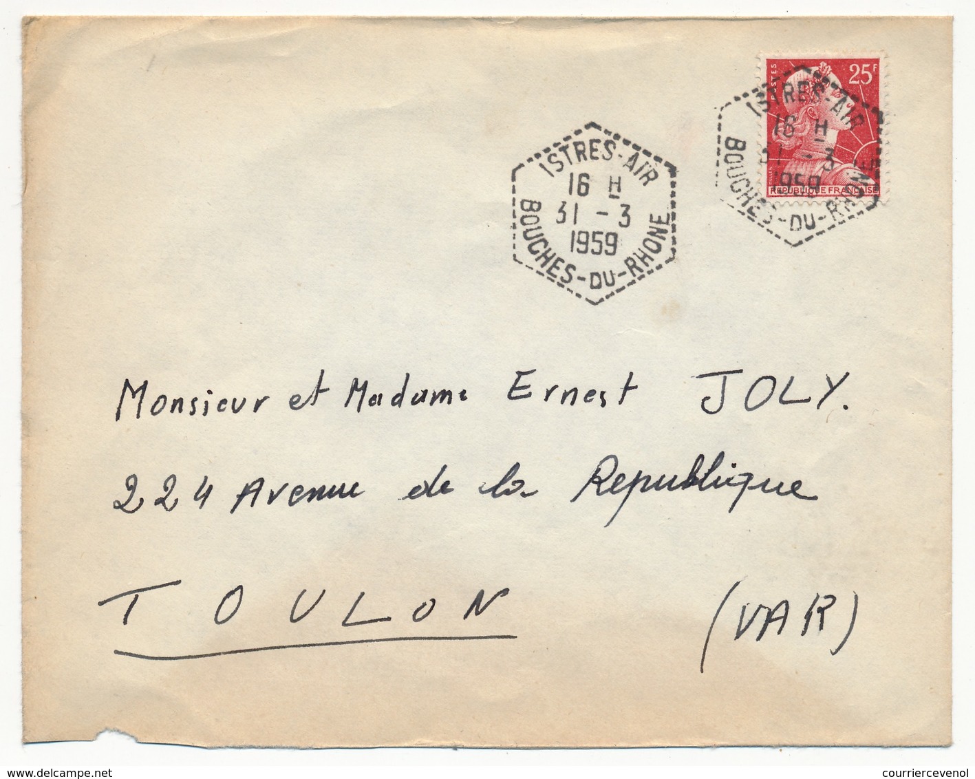 Enveloppe - Cachet Hexagonal Tireté "ISTRES-AIR Bouches Du Rhône" 31/3/1959 (25F Muller) - Cachets Manuels