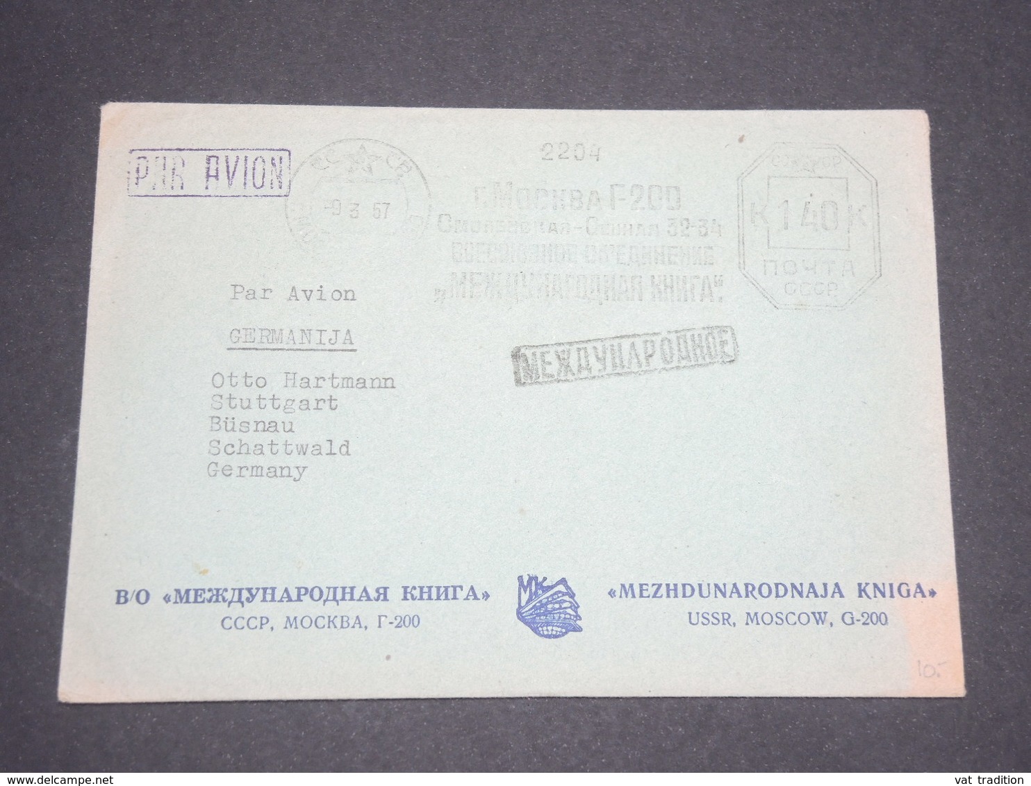 U.R.S.S. - Enveloppe Comerciale De Moscou Pour Stuttgart En 1957 Par Avion , Affranchissement Mécanique -  L 12685 - Cartas & Documentos