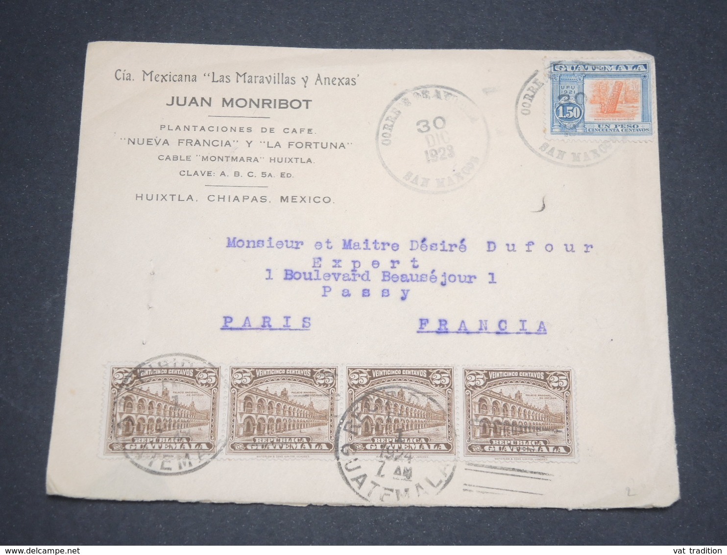 GUATEMALA - Enveloppe Commerciale ( Plantation De Café ) Pour La France En 1923/24 - L 12705 - Guatemala