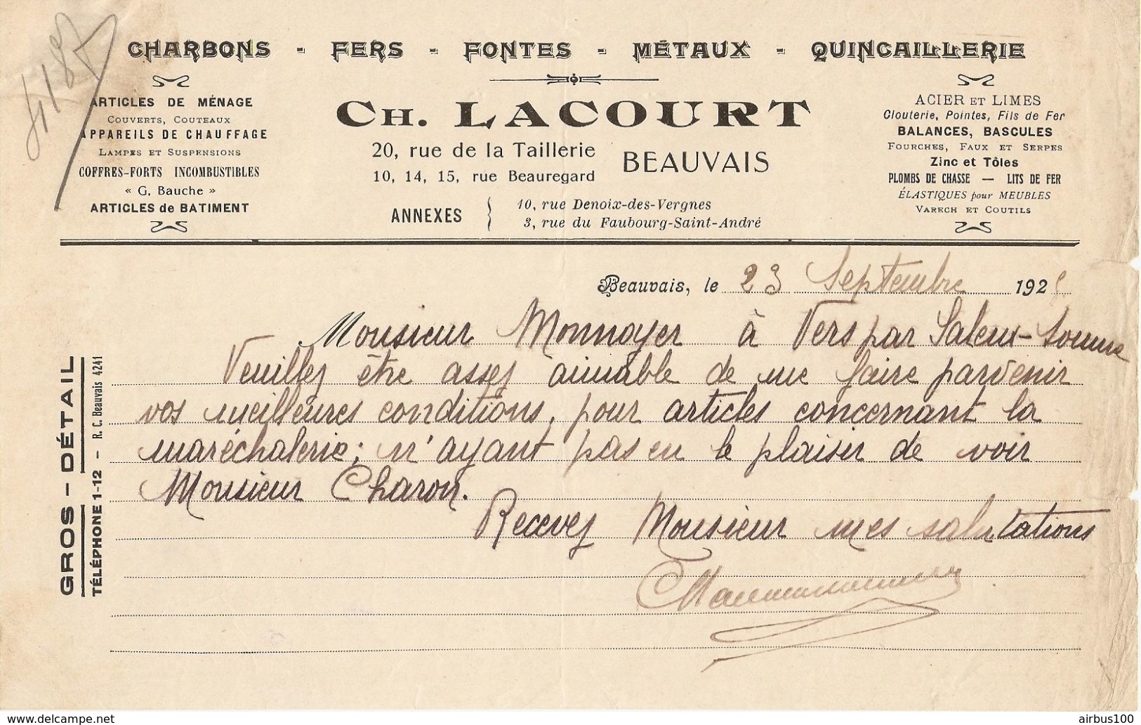 DOCUMENT MANUSCRIT 1925 Éts Ch. LACOURT BEAUVAIS OISE ( 60 ) COFFRES FORTS BALANCES BASCULES - Altri & Non Classificati