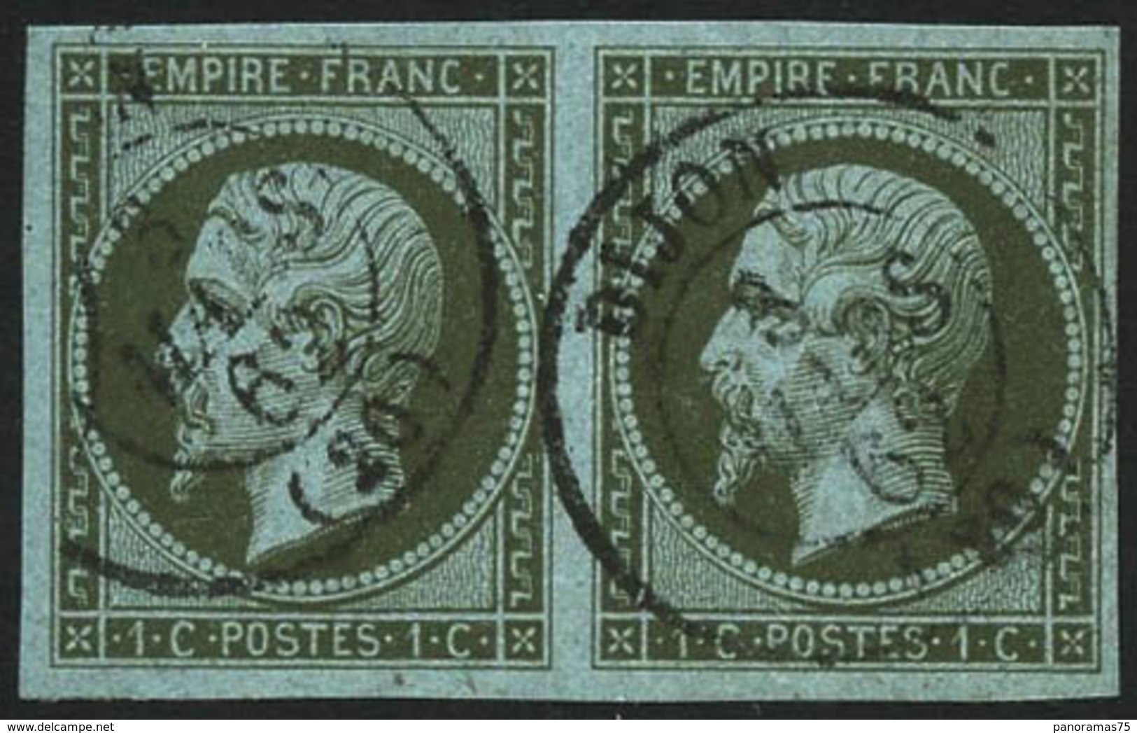 Oblit. N°11 1c Olive, Paire - TB - 1853-1860 Napoléon III.