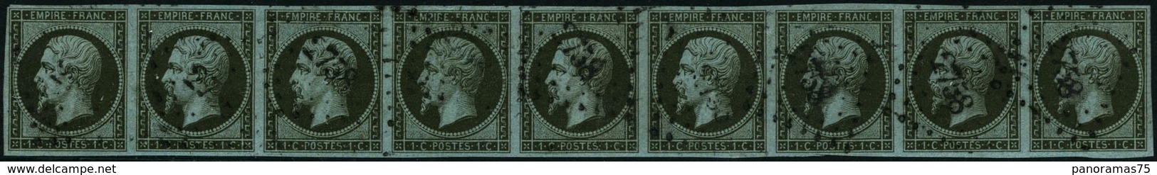 Oblit. N°11a 1c Bronze, Exceptionnelle Bande De 9 Obl PC 2758, Très Rare Pièce D'exposition - TB - 1853-1860 Napoleone III