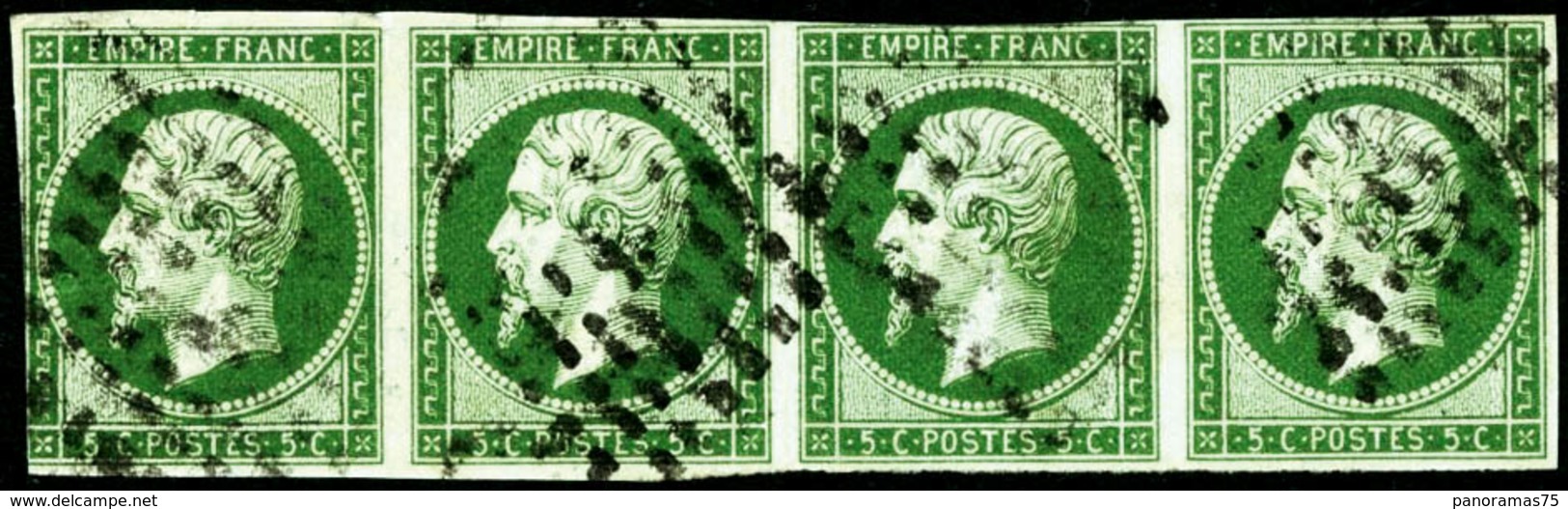 Oblit. N°12 5c Vert, Bande De 4 Au Filet Par Endroits, Jolie Nuance - B - 1853-1860 Napoleone III