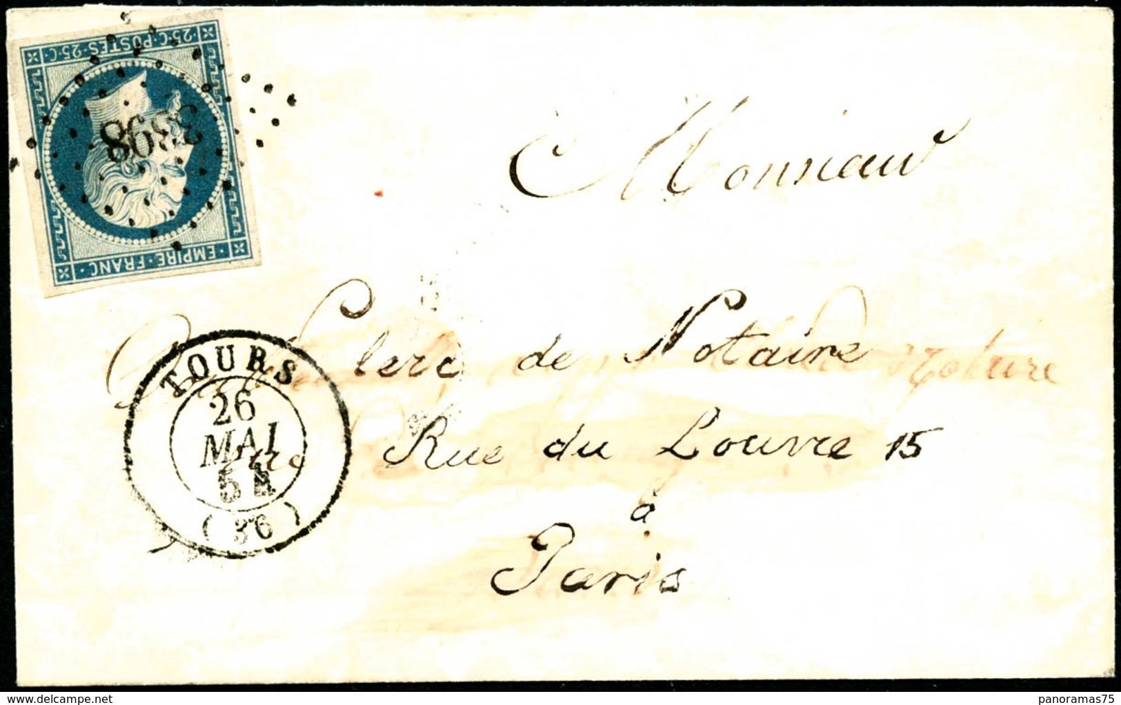 Lettre N°15 25c Bleu, Obl PC 3398 S/lettre 26/5/54 De Tours Pour Paris - TB - 1853-1860 Napoleone III