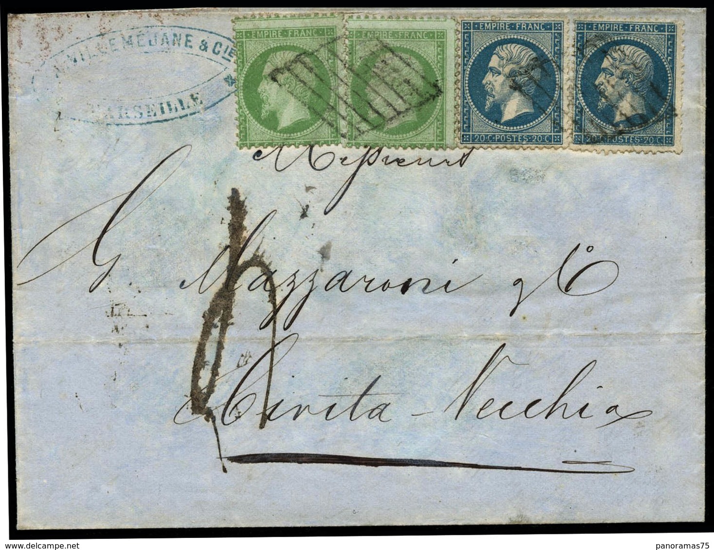 Lettre N°20 + 22 Combinaison Rare à 50c Taxée Pour Civita Vecchia - TB - 1862 Napoleone III