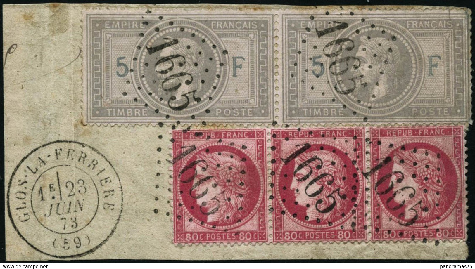 Oblit./fragment N°33 +57 5F De L'empire, Paire + 80c Rose, Bande De 3 Obl GC 1665 Sur Fragment - TB - 1863-1870 Napoleon III With Laurels