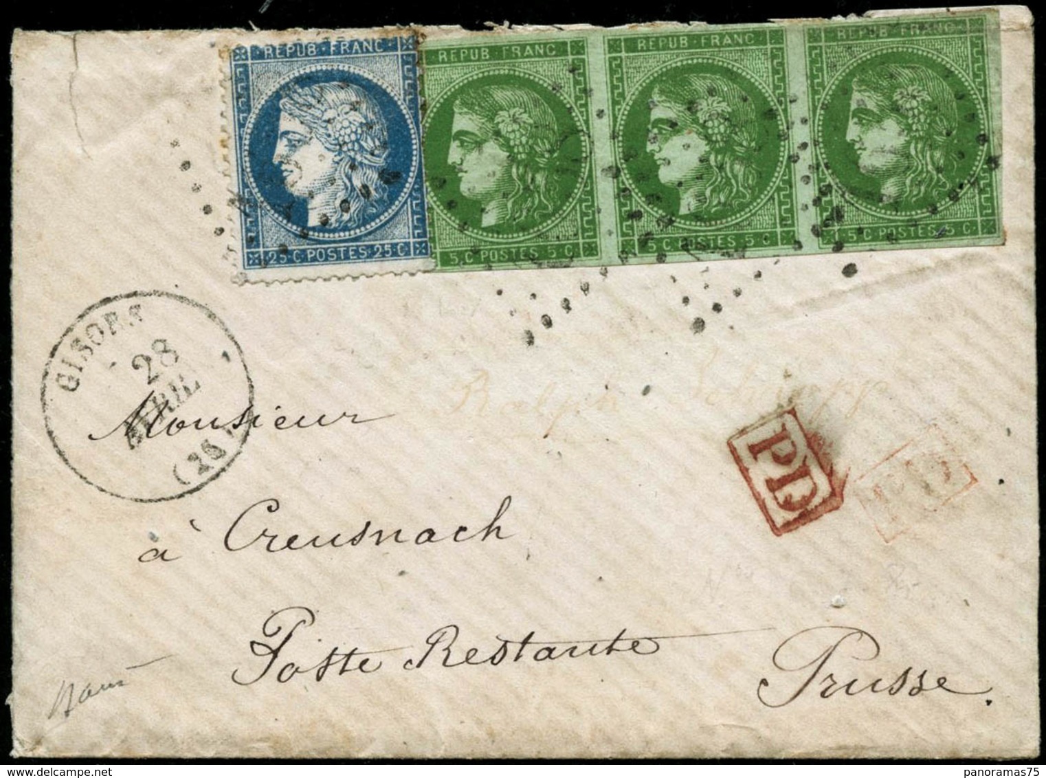 Lettre N°42B - 60A Bande De 3 Du 5c Vert-jaune + 20c Bleu S/lettre De Gisors Pour Creusnach (Prusse) Cachet D'arrivée Au - 1870 Bordeaux Printing