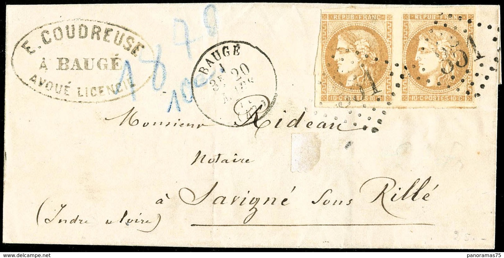 Lettre N°43A 10c Bistre R1, Paire S/lettre Obl GC351  Cachet D'arrivée Au Verso - TB - 1870 Emissione Di Bordeaux