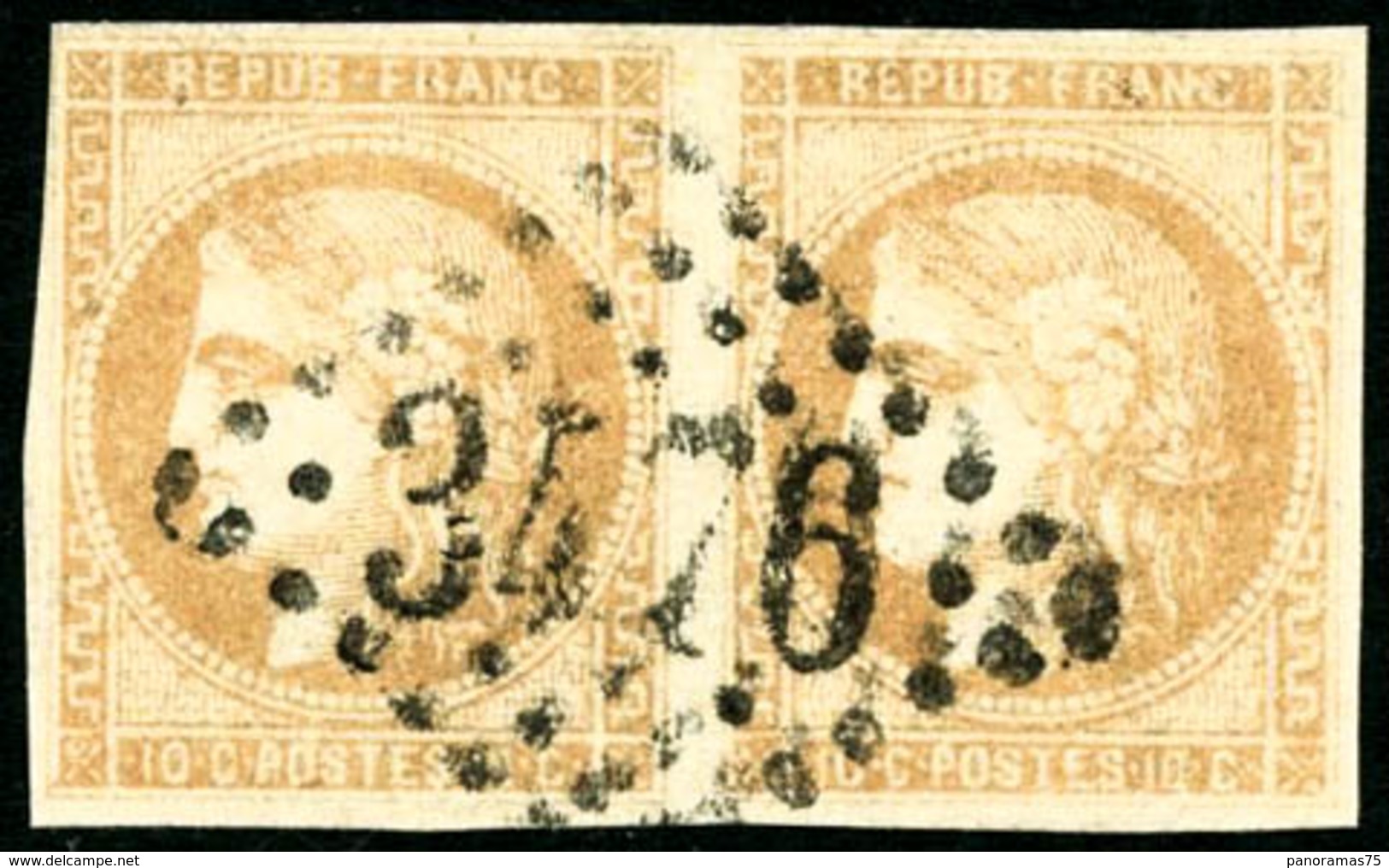 Oblit. N°43B 10c Bistre Jaune R2, Paire Obl GC 3476 - TB - 1870 Bordeaux Printing