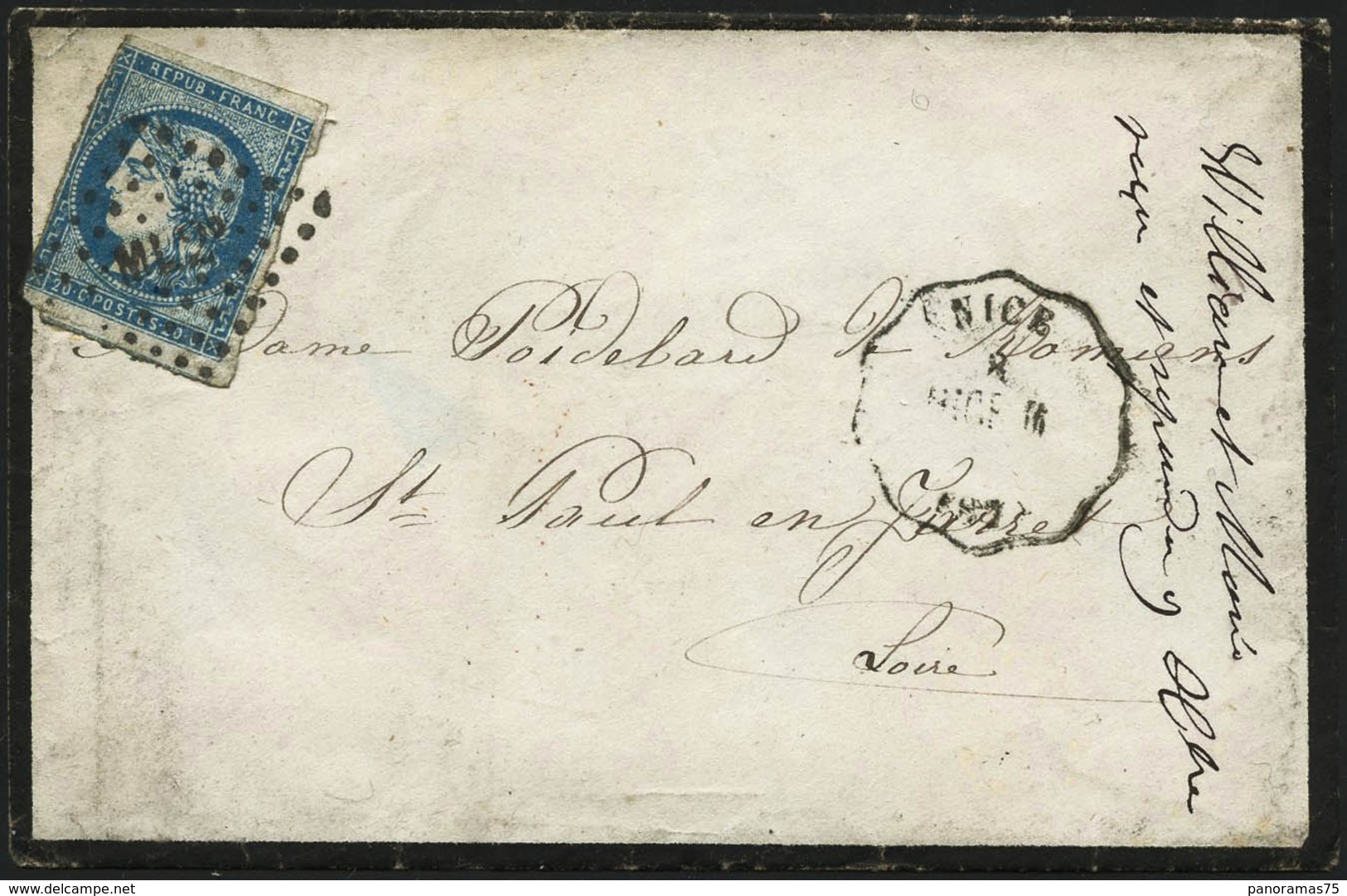 Lettre N°44A 20c Bleu, Type I R1s/lettre, Cachet D'arrivée Au Verso - TB - 1870 Ausgabe Bordeaux